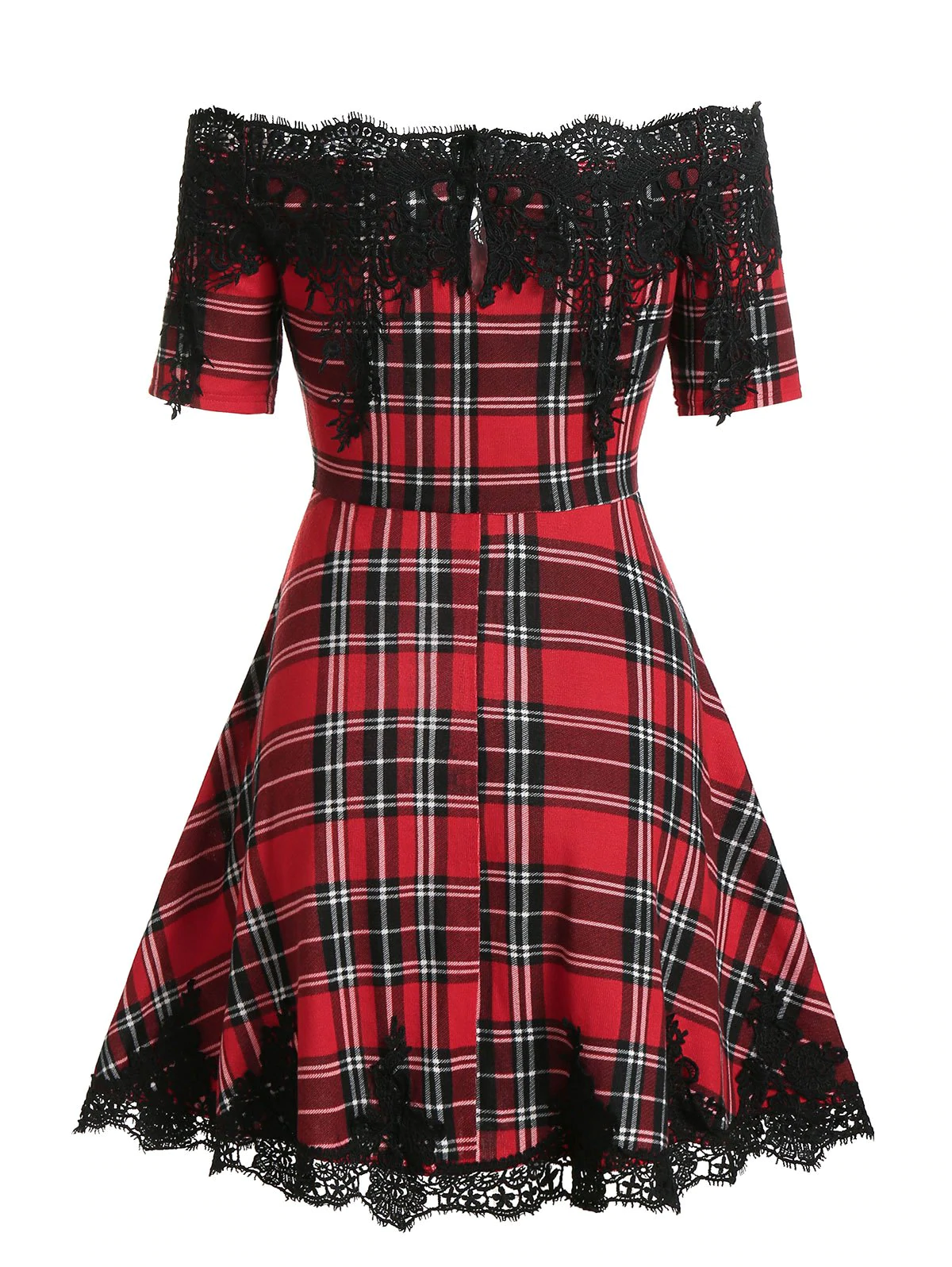 Off Shoulder Checked Lace Insert Mini A Line Dress