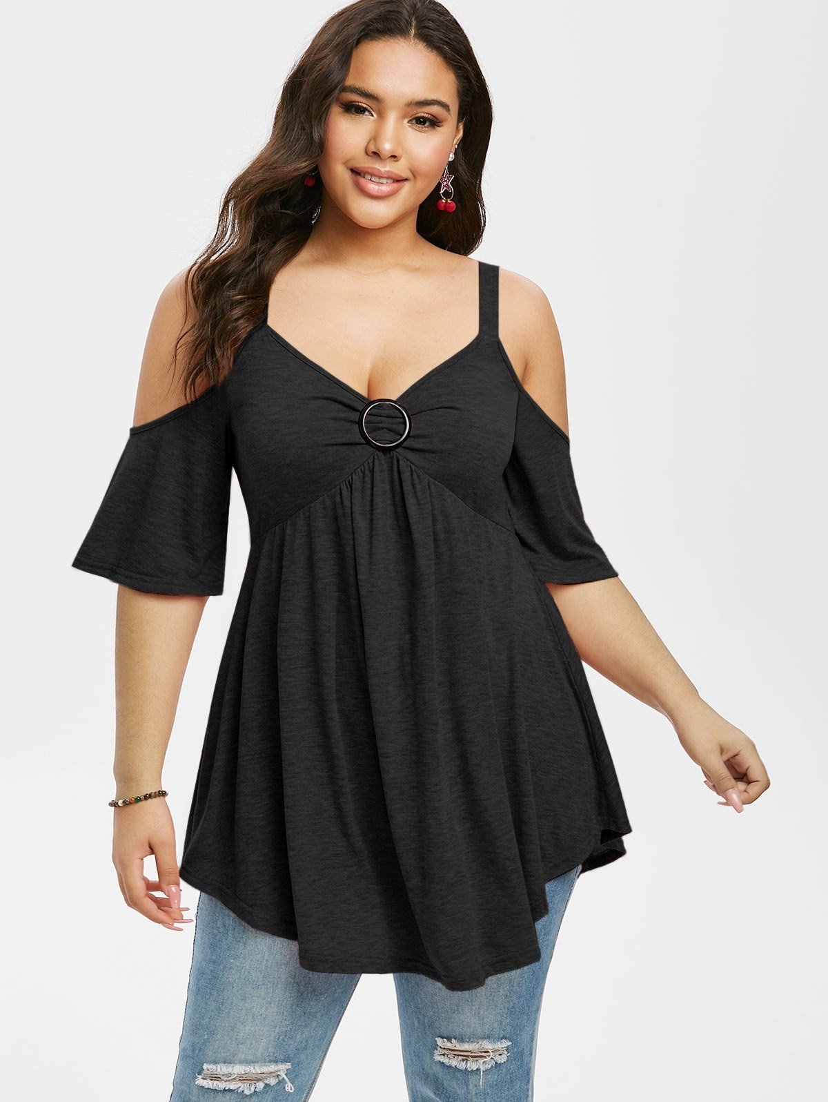 Plus Size Cold Shoulder Knot Half Sleeve Tee