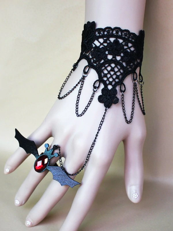 Halloween Bat Ring Chain Lace Bracelet