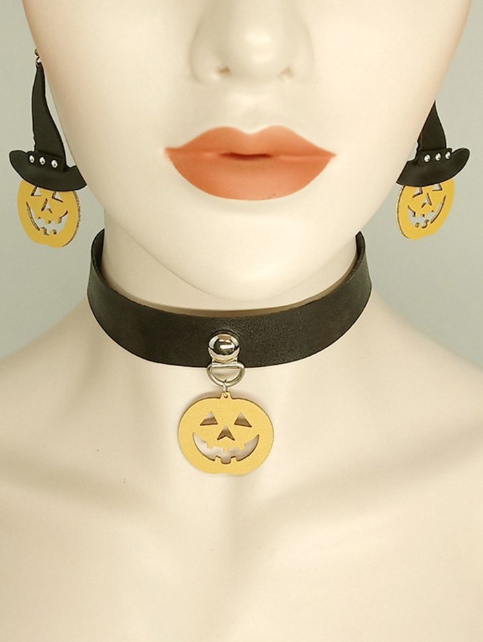 Halloween PU Pumpkin Choker Necklace Earrings Set