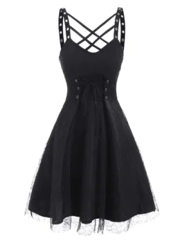 Lattice Grommets Lace-up Mesh Overlay Dress