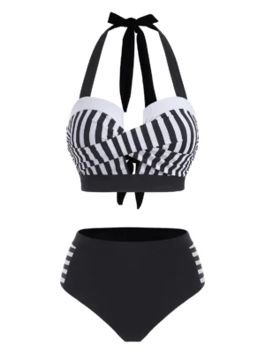 Halter Striped Twist Push Up Bikini Swimwear