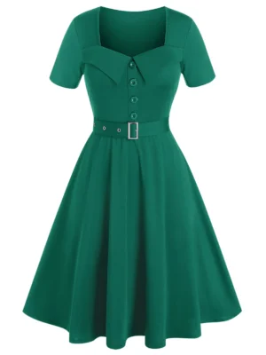 Plus Size Square Neck A Line Belted Retro Dress