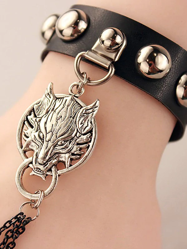 Punk Wolf Skull Rings Chain Leather Bracelet