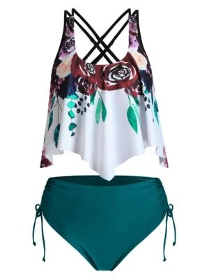 Flower Print Crisscross Cinched Tankini Swimwear