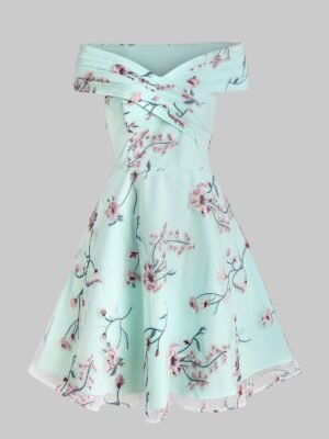 Flower Embroidered Off The Shoulder Skater Dress