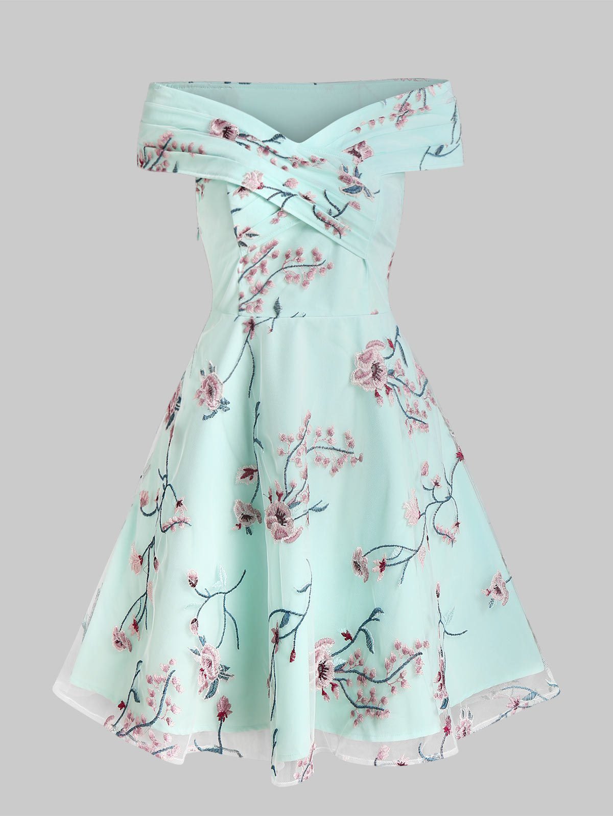 Flower Embroidered Off The Shoulder Skater Dress Flower Embroidered Off The Shoulder Skater Dress