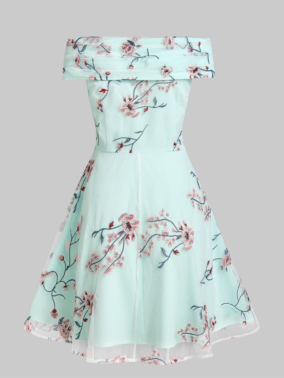 Flower Embroidered Off The Shoulder Skater Dress