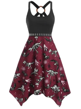 O Ring Dinosaur Bat Skeleton Print Handkerchief Dress