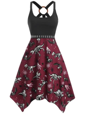 O Ring Dinosaur Bat Skeleton Print Handkerchief Dress