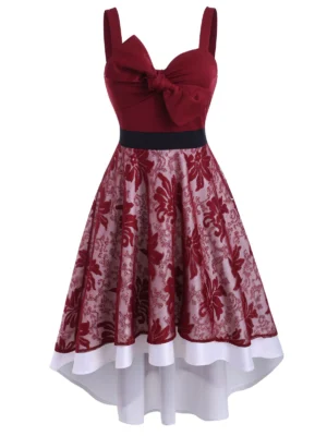 Lace Overlay Bowknot High Low Party Dress