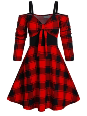 Plaid Print Cold Shoulder Knotted Flare Dress