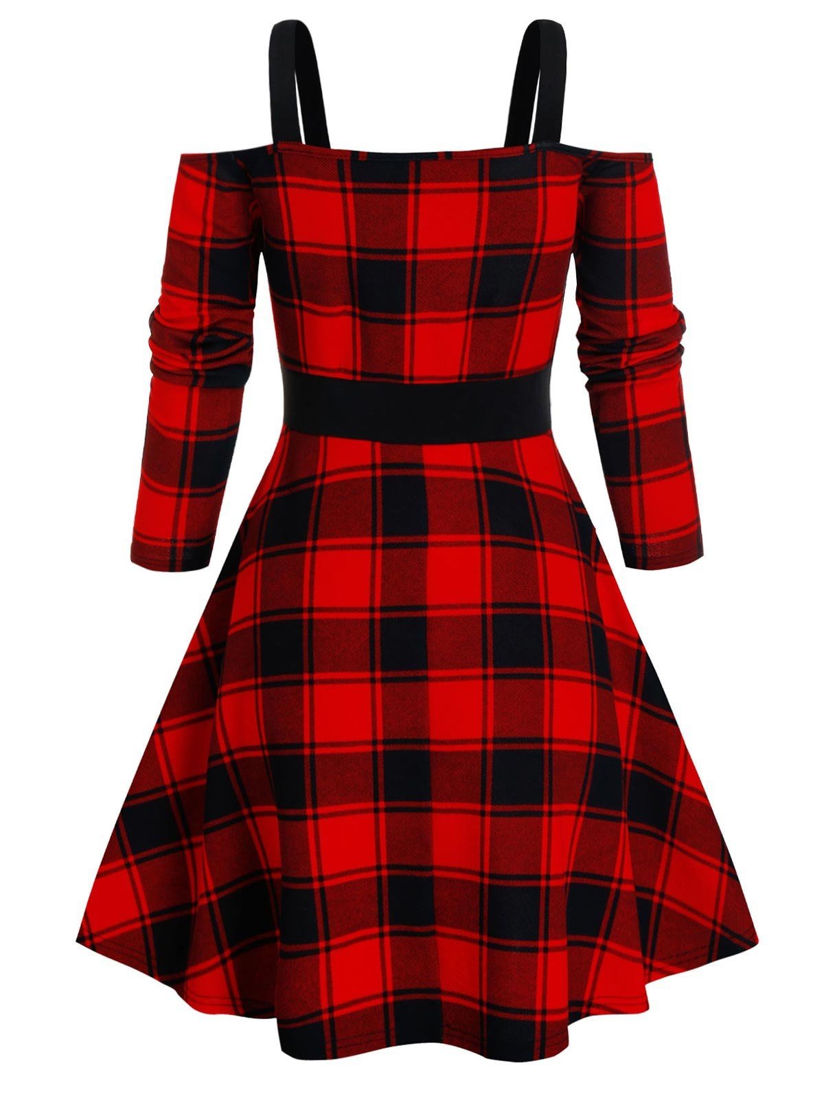Plaid Print Cold Shoulder Knotted Flare Dress