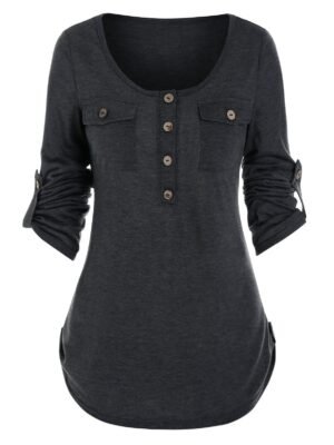 Round Collar Buttons Roll Up Sleeve T-shirt
