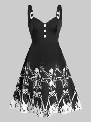 Plus Size Retro Button Skeleton Printed Dress