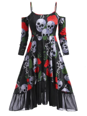 Floral Skull Open Shoulder High Low Halloween Plus Size Dress