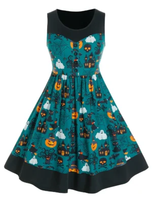 Plus Size Halloween Pumpkin Print A Line Dress