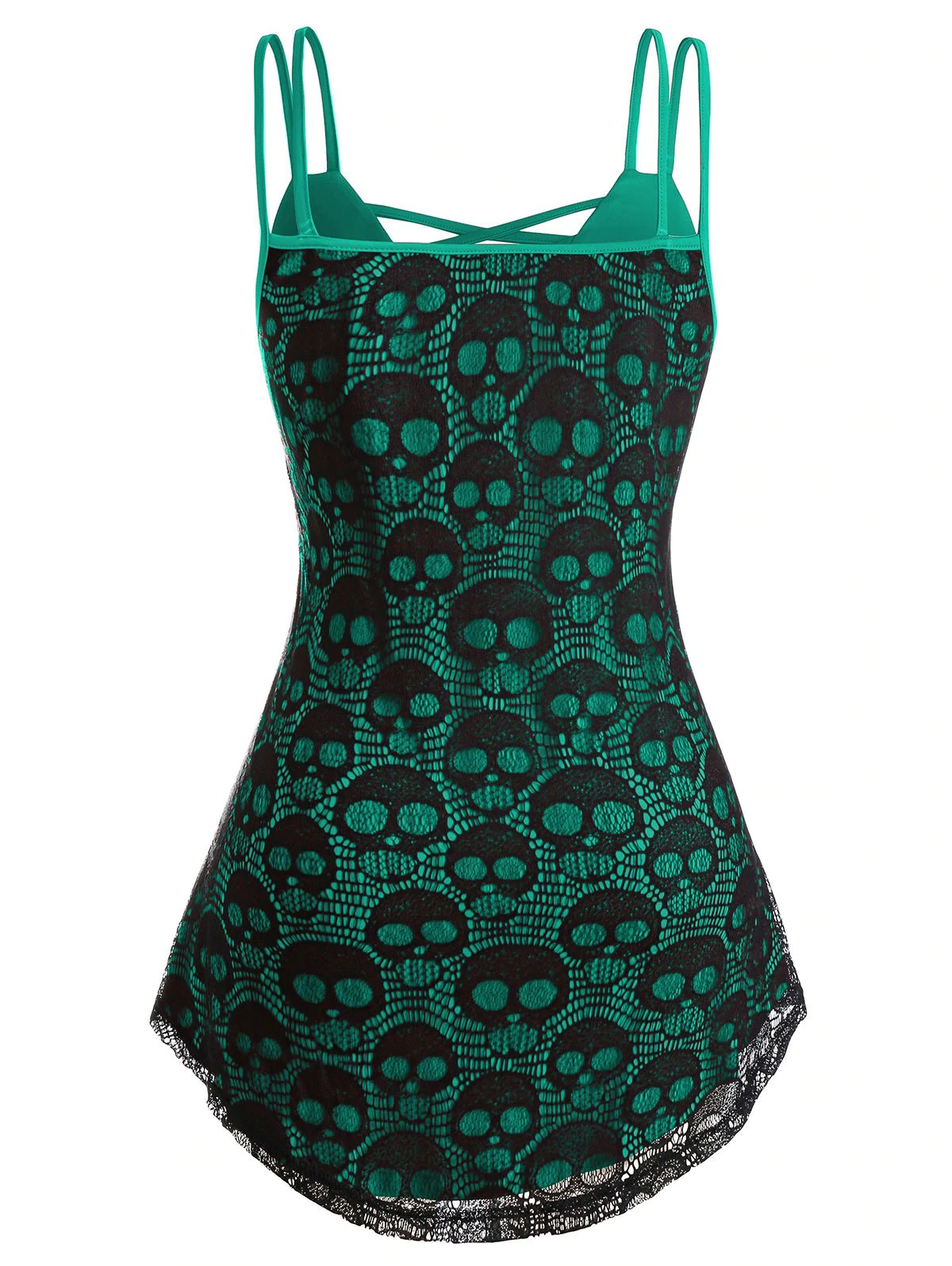 lus Size Halloween Criss Cross Skull Lace Tank Top