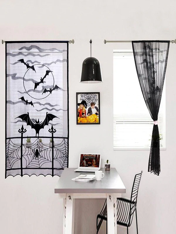 Halloween Spider Web Bats Mesh Window Curtain