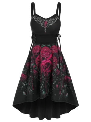Sleeveless Flower Print Lace-up High Low Gothic Dress