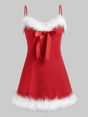Plus Size Bowknot Faux Fur Insert Cami Babydoll Set