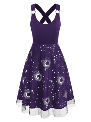 Sun Moon Star Print Lace Insert Criss Cross Dress