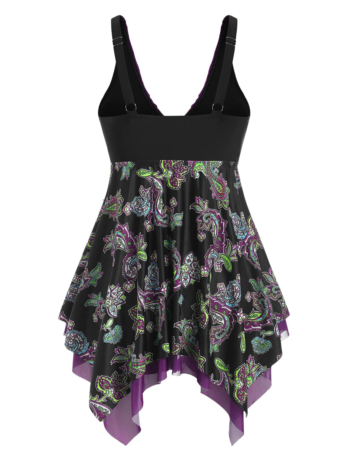 Plus Size Hanky Hem Paisley Mesh Ruffle Boyleg Tankini Swimwear