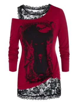 Plus Size Halloween Print Long Sleeve T-shirt and Lace Tank Top