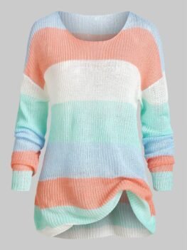 Plus Size Colorblock Striped Drop Shoulder Sweater