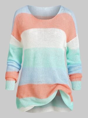 Plus Size Colorblock Striped Drop Shoulder Sweater