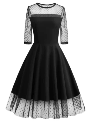 Polka Dot Mesh Insert Prom Dress