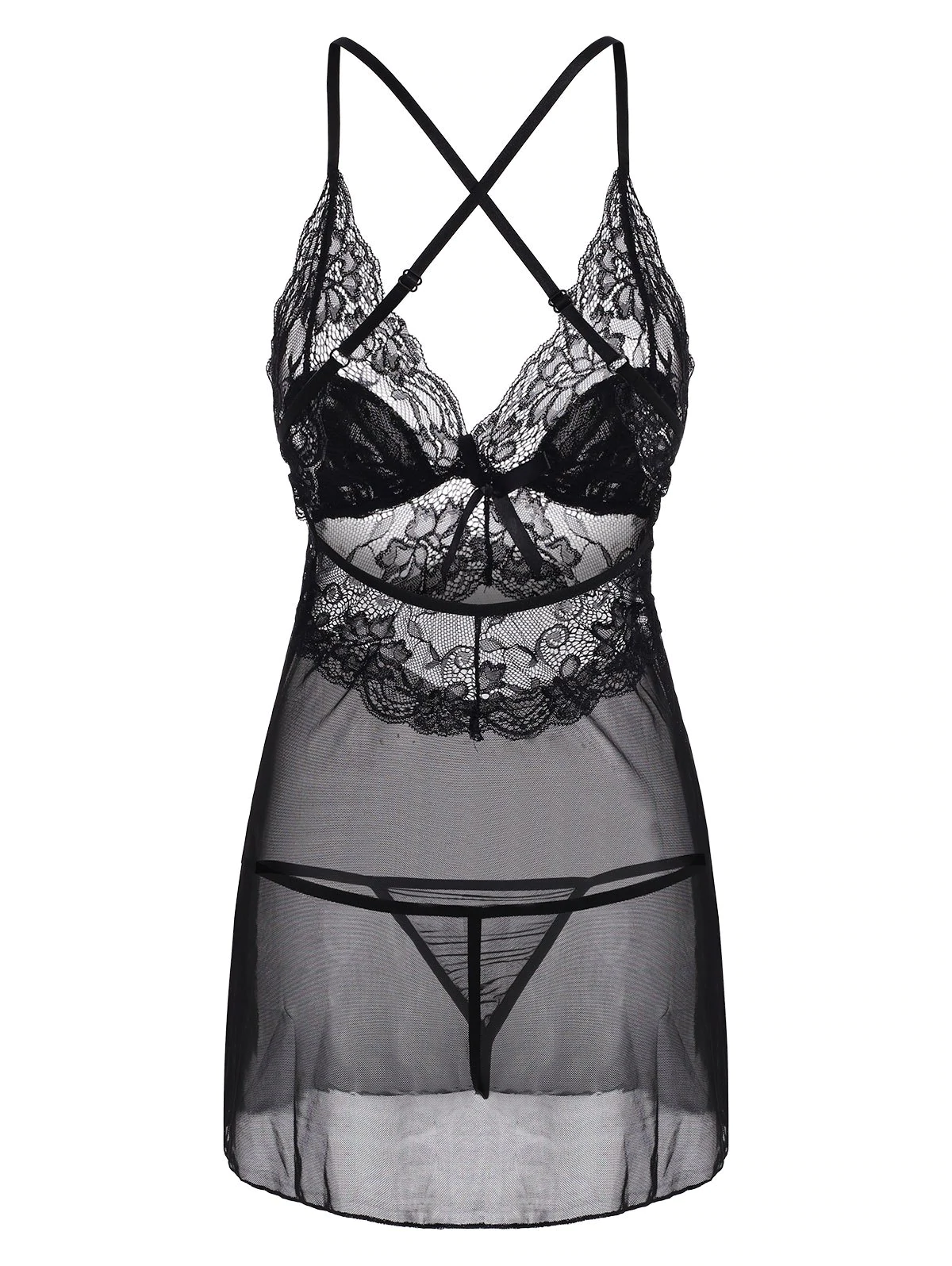 Sheer Mesh Lace Panel Criss Cross Back Lingerie Babydoll