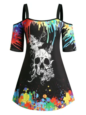 Plus Size Splatter Paint Halloween Skull Open Shoulder Tee