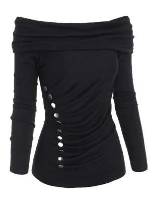 Off Shoulder Foldover Mock Button Ruched Knitwear