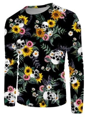 Skull Daisy Floral Print Crew Neck Casual T Shirt