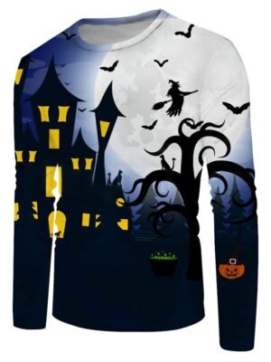 Halloween Bat Witches Night Graphic Crew Neck Long Sleeve T Shir