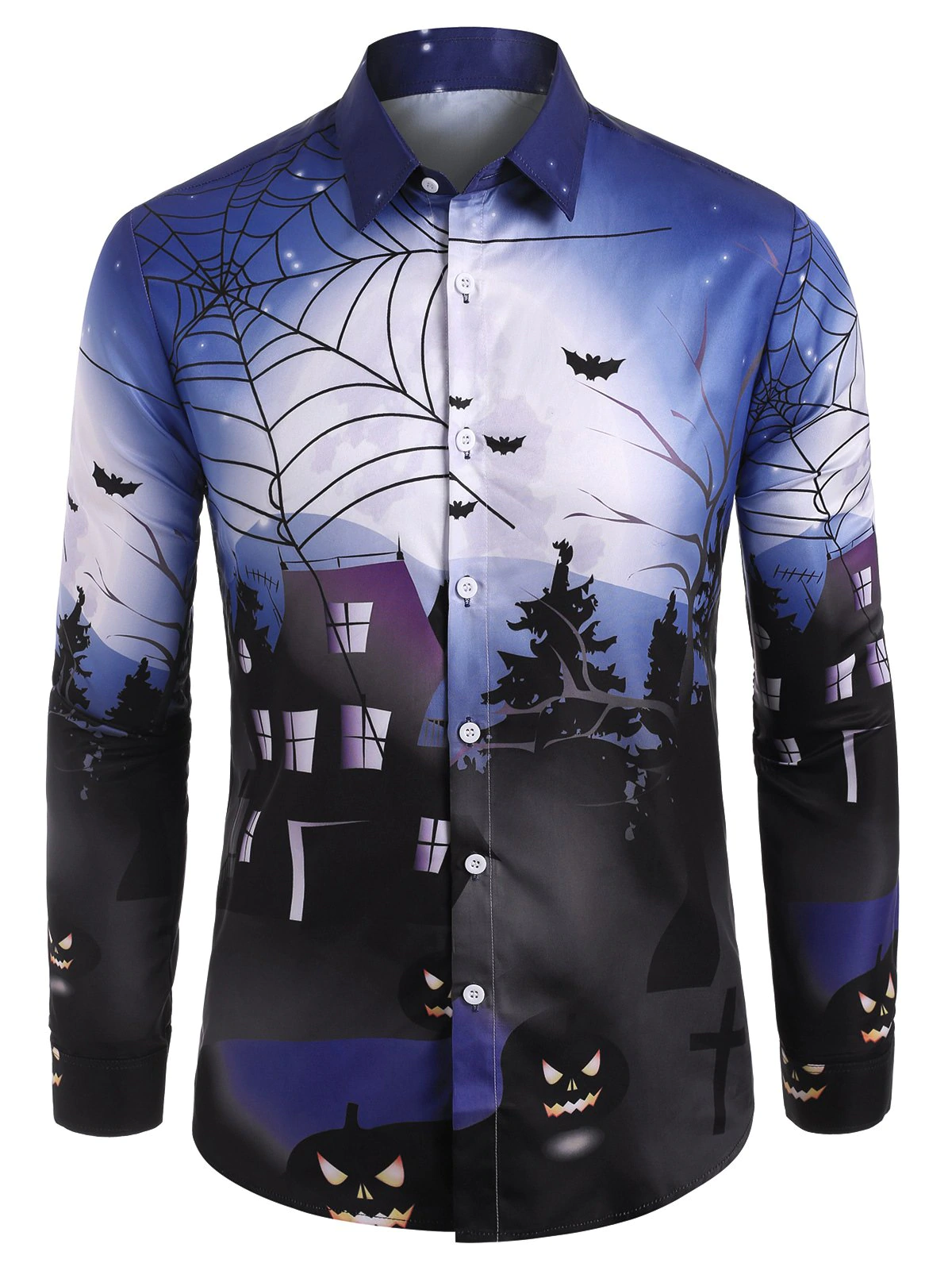Halloween Bat Print Button Up Long Sleeve Shirt