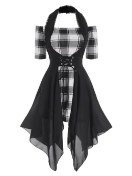 Plaid Off Shoulder Dress with Lace Up Halter Vest