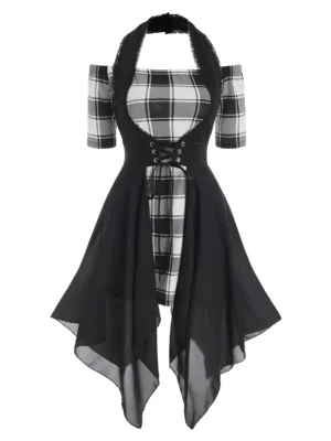Plaid Off Shoulder Dress with Lace Up Halter Vest