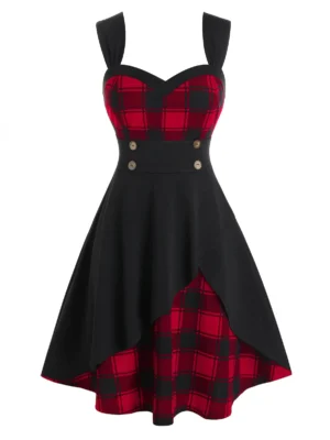 Plus Size Plaid Buttoned Overlap Vintage Dress