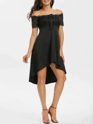 Off The Shoulder Lace Insert High Low Dress