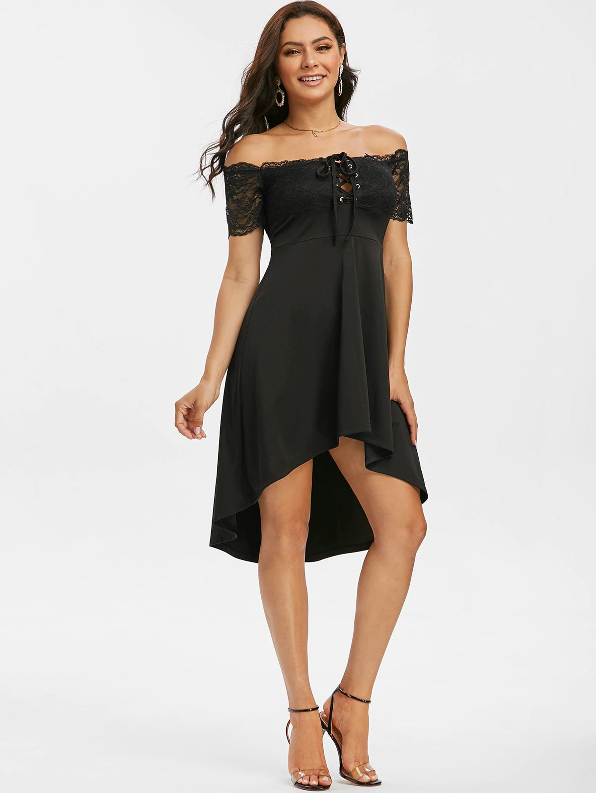 Off The Shoulder Lace Insert High Low Dress