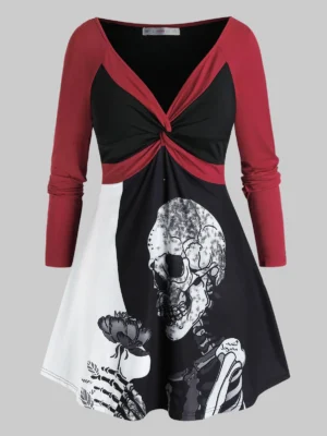 Plus Size Twisted Halloween Skull Long Sleeve Tee