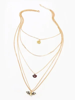 Halloween Bat Spider Web Lips Multilayered Chain Necklace