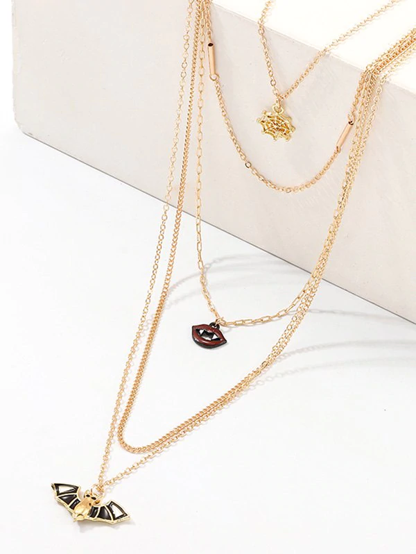 Halloween Bat Spider Web Lips Multilayered Chain Necklace