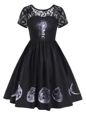 V-back Lace Panel Moon Print Halloween Plus Size Dress