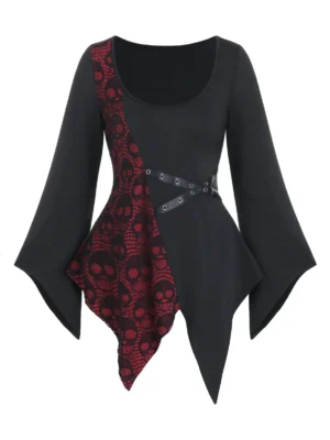Halloween Skull Lace Insert Asymmetrical Contrast Top