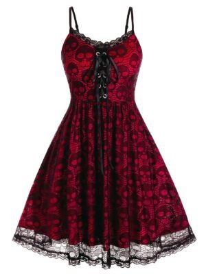 Plus Size Skull Lace Backless A Line Cami Dress