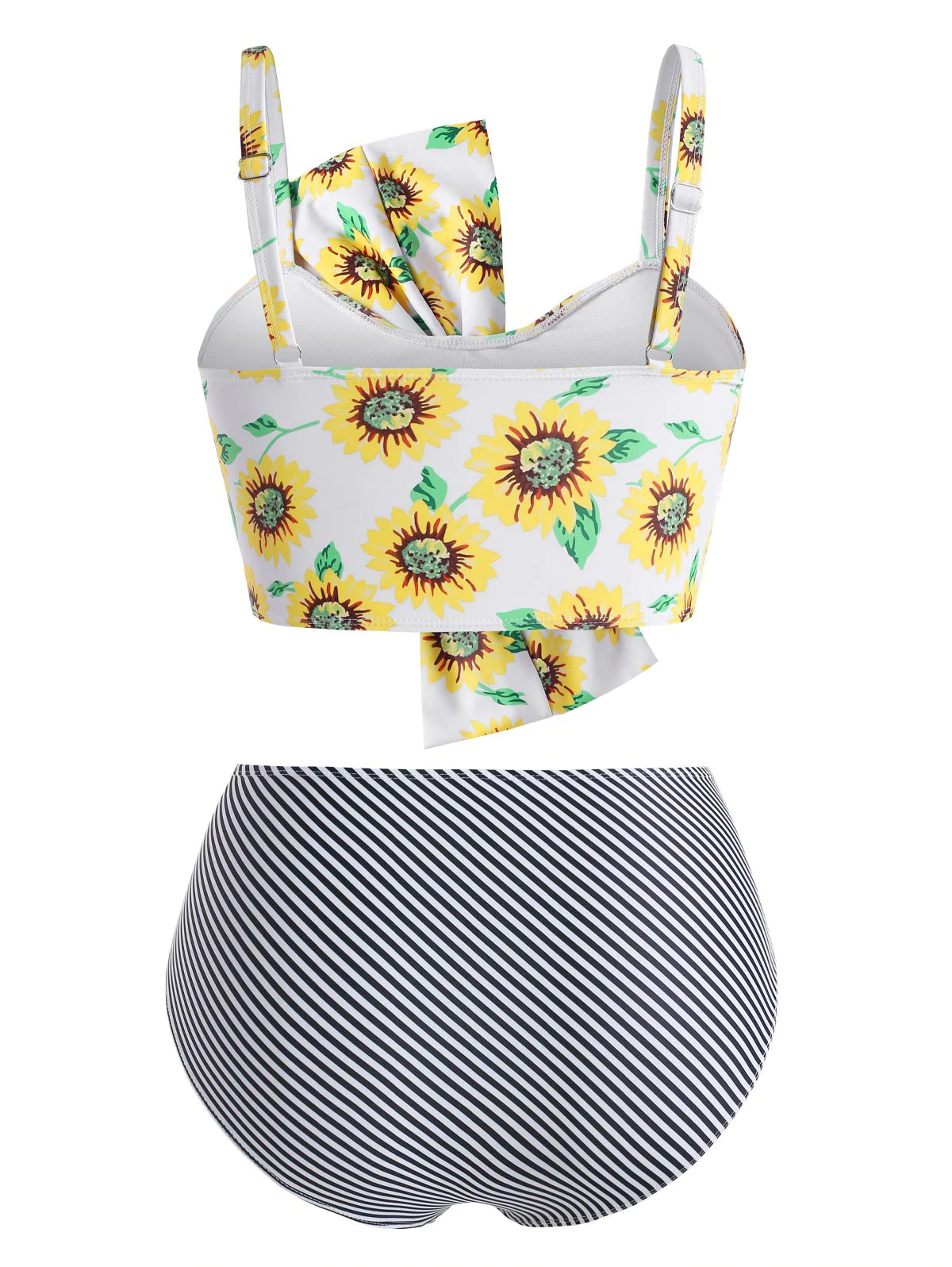 Plus Size Sunflower Print Bowknot Striped Tankini Swimwear