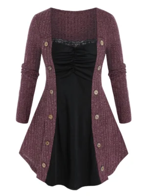 Plus Size Button Embellished Lace Panel Ruched Knitwear